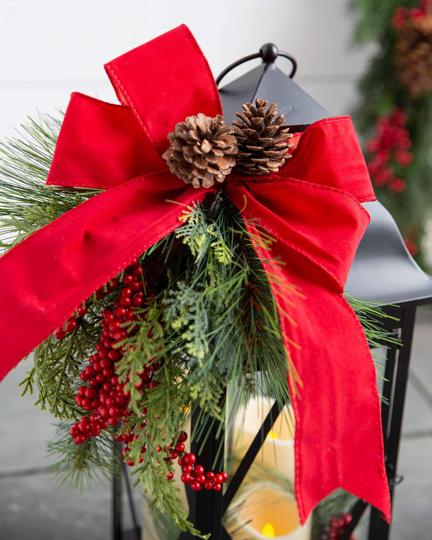Balsam Hill Holiday Classic Lantern Closeup with a Red Ribbon