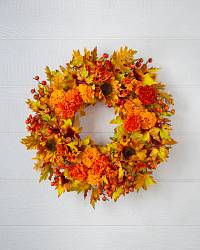  Fall décor wreath with mums, sunflowers, and autumn leaves