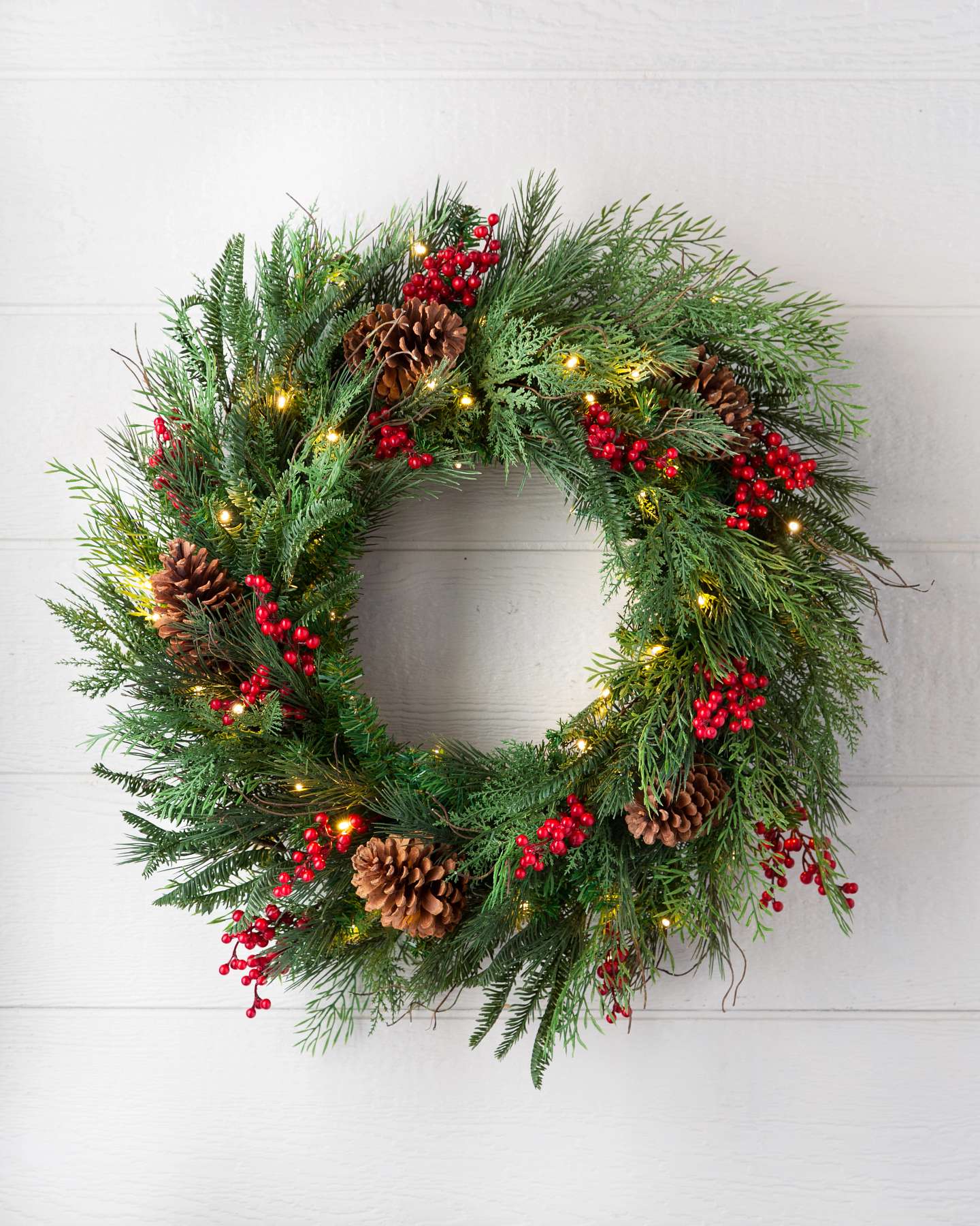 Balsam Hill Outdoor Red Berry Pine 28in Artificial Christmas Wreath with LED Clear Lights