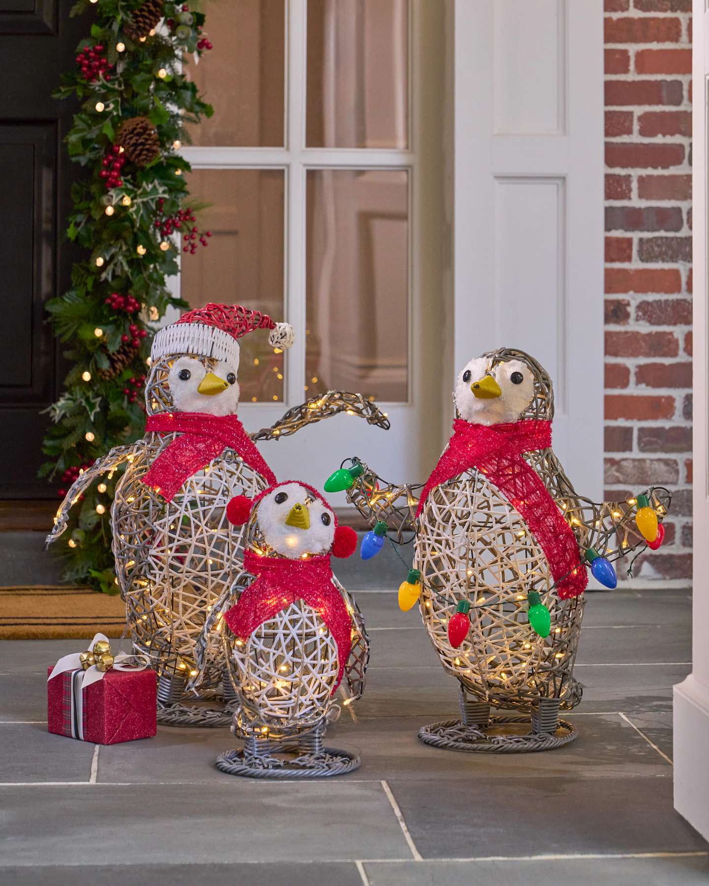Outdoor Lit All-Weather Wicker Festive Penguin Family, Set of 3