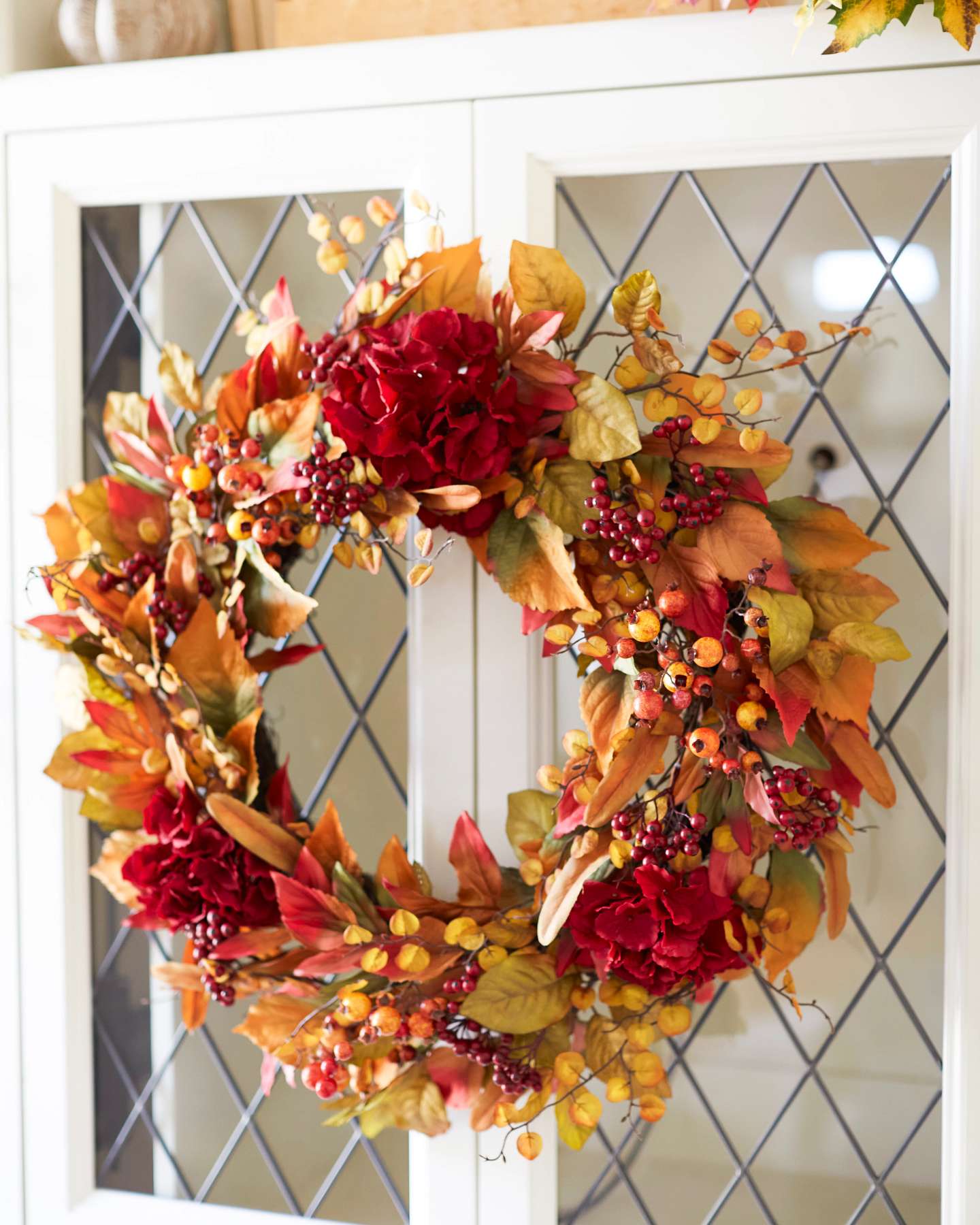 Balsam Hill Outdoor Merlot Hydrangea Artificial Flower Wreath Lifestyle Setting