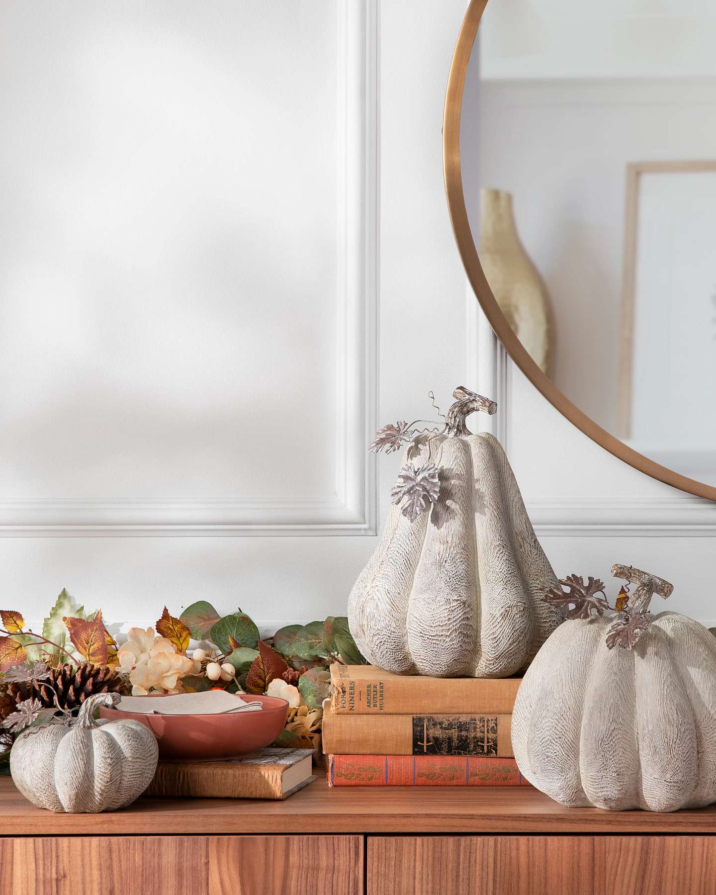 Balsam Hill Faux Wood Pumpkin Set Lifestyle Display with Books and Greenery