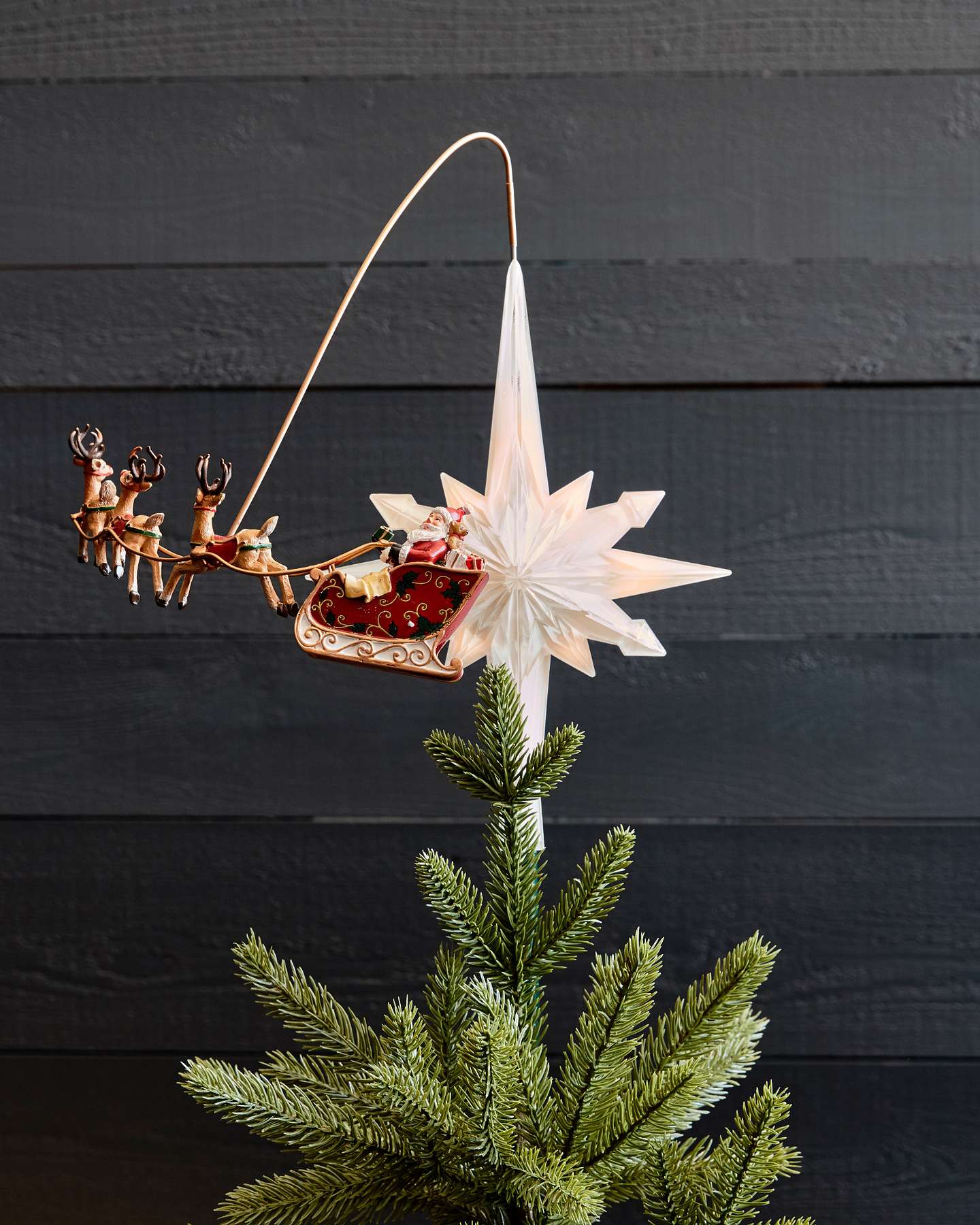 Balsam Hill Santa’s Sleigh Animated Christmas Tree Topper in Holiday Display