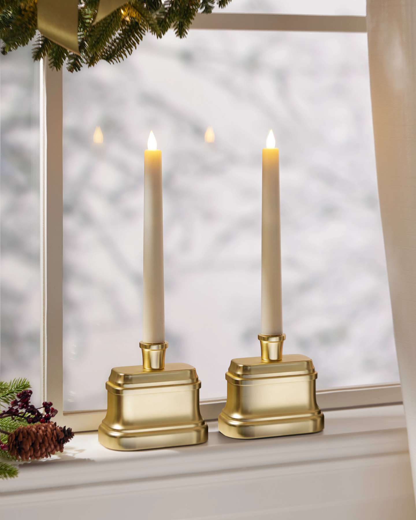 Gold Antiqued Miracle Flame Premium 3D LED Window Candles, Set of 2