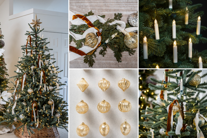 A collage of photos showing a Christmas tree decorated with ribbon ornaments