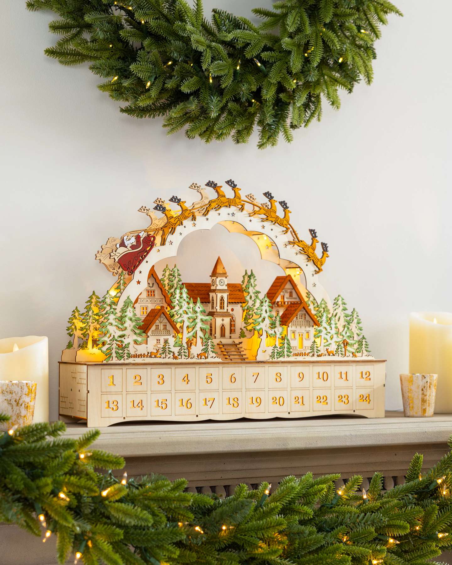 Balsam Hill Lit Wooden Santa Express Advent Calendar in Holiday Room Setting