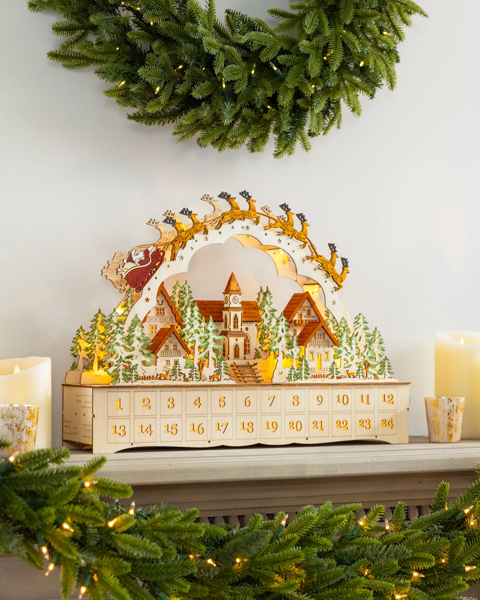 Lit Wooden Santa Express Village Advent Calendar