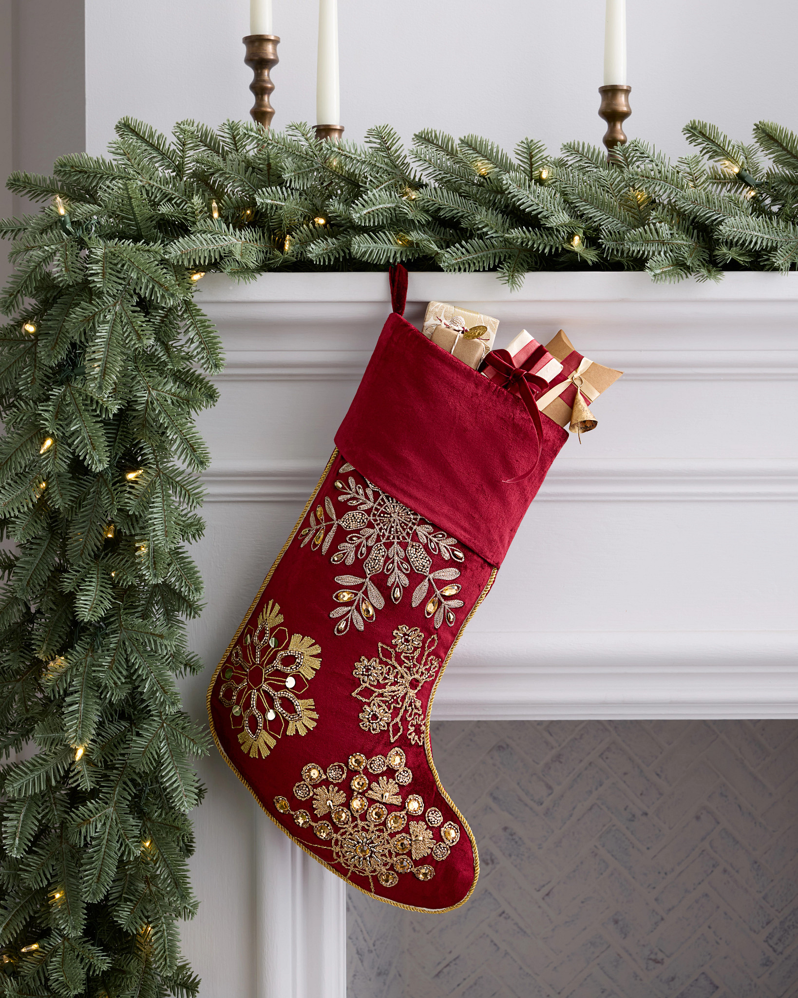Burgundy & Gold Embroidered Christmas Stocking