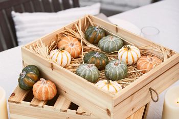 Artificial mini pumpkins in crate