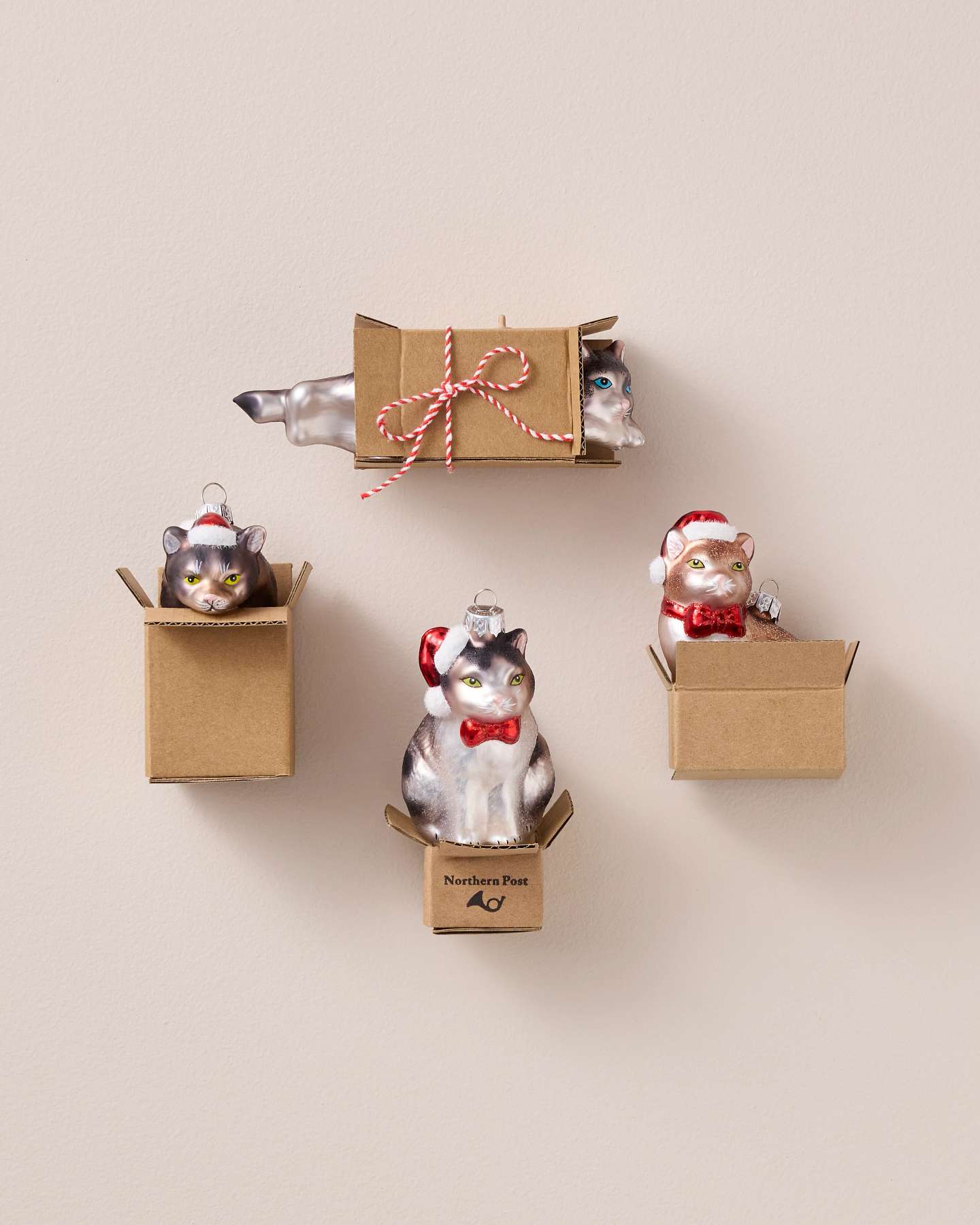 Holiday Cat-in-a-Box Glass Ornaments, Set of 4