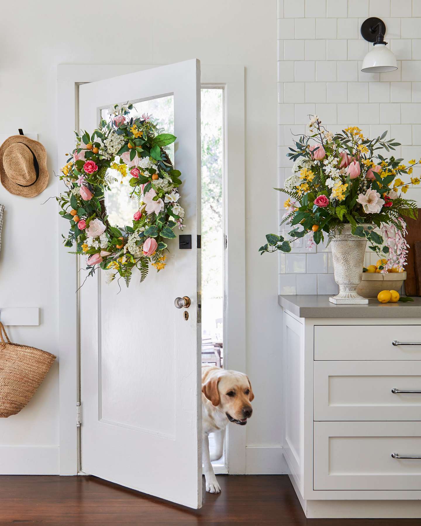 Balsam Hill Spring in Bloom Arrangement and Wreath Styled for Home Décor