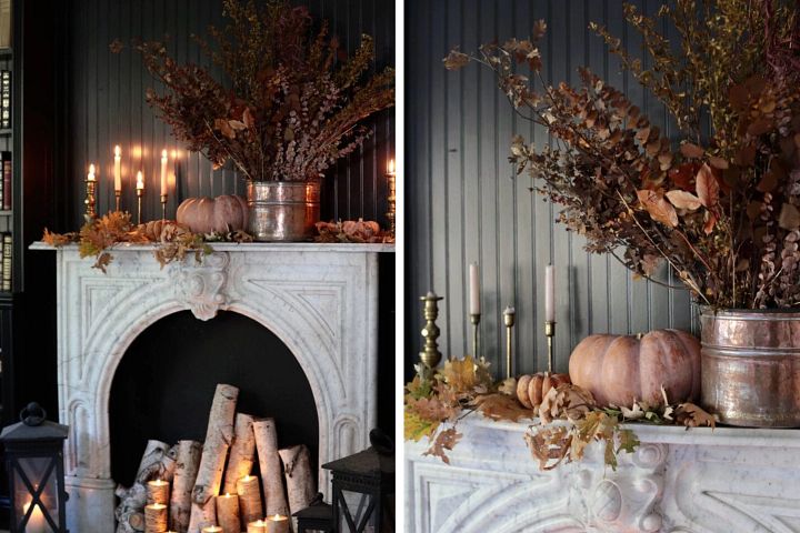 Rustic fireplace with autumn leaves, dried flowers, candles, and lanterns