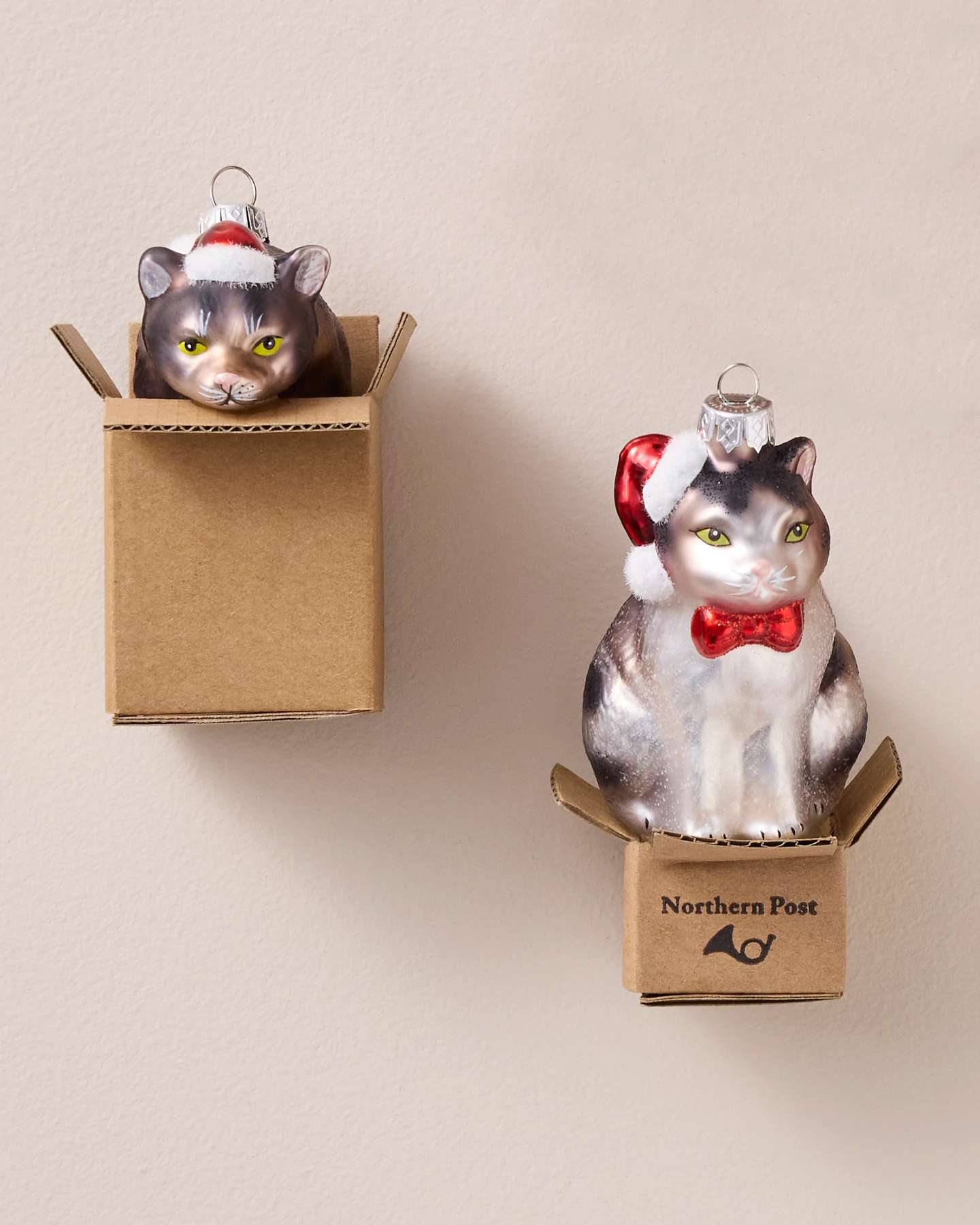Holiday Cat-in-a-Box Glass Ornaments, Set of 4