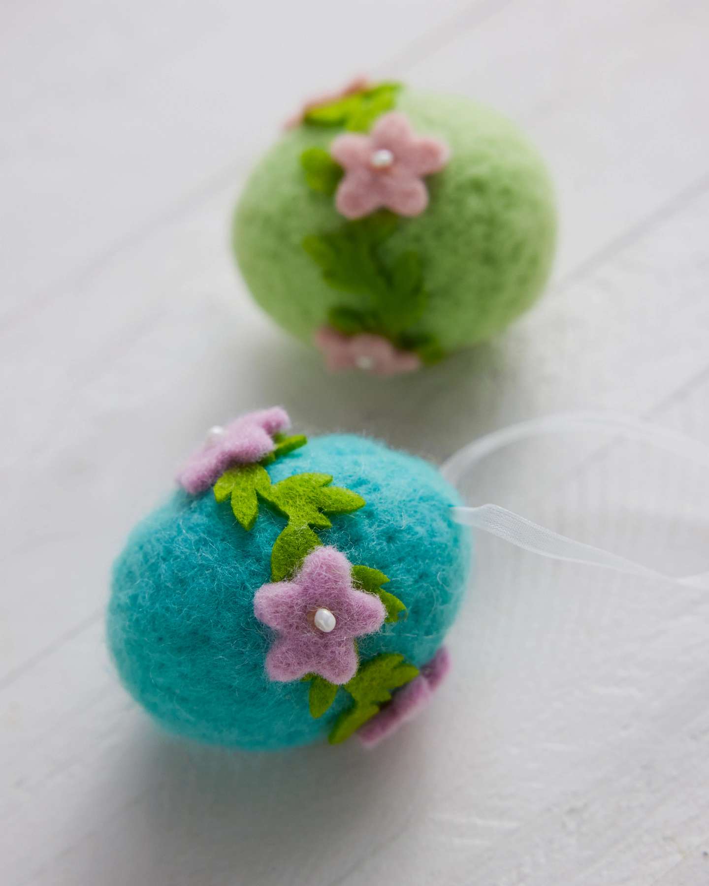 Balsam Hill Bunnies and Blooms Felt Christmas Ornament Set of 10 Easter Eggs Closeup