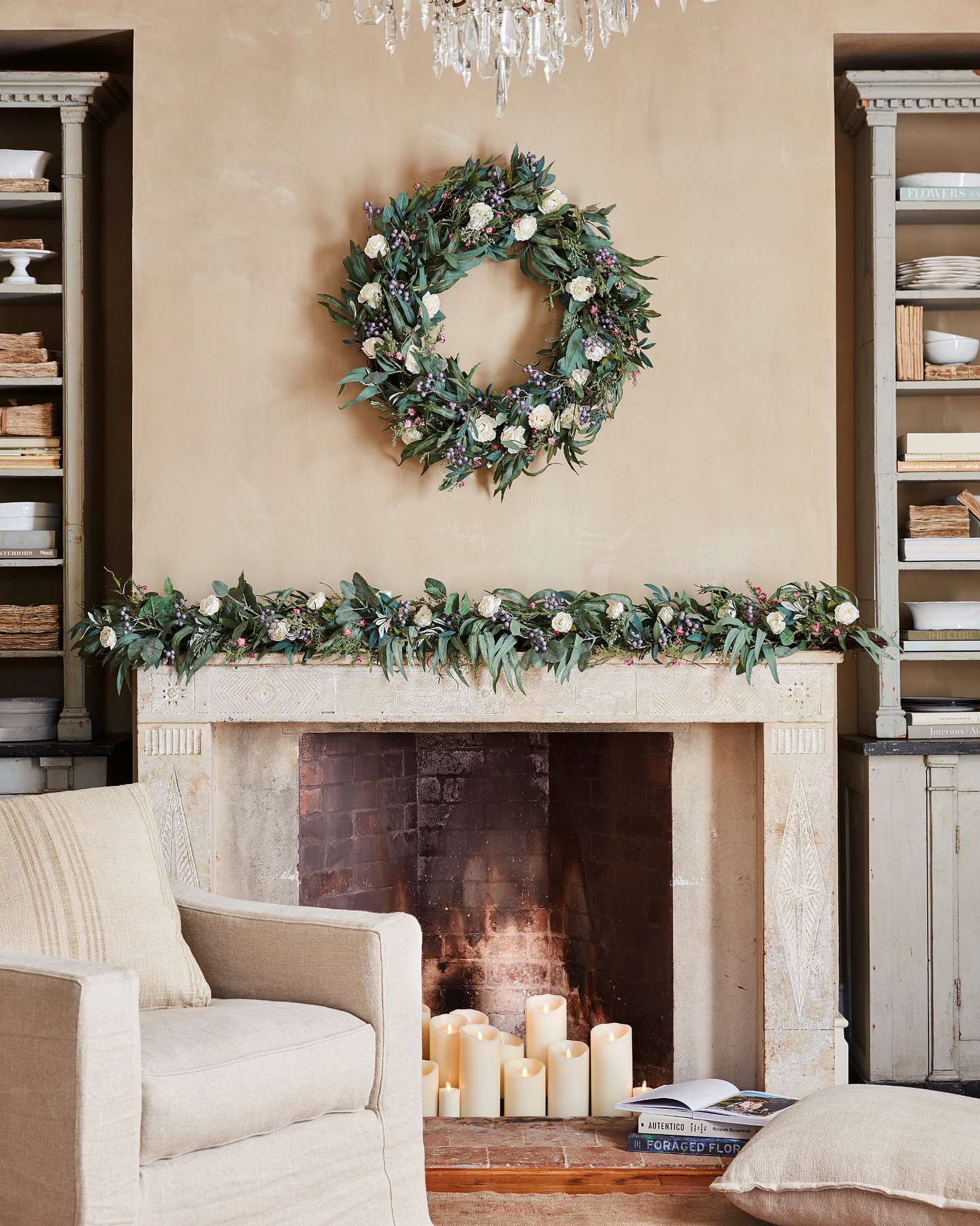 Balsam Hill Marseille Meadow Foliage on Fireplace Mantel with Candles