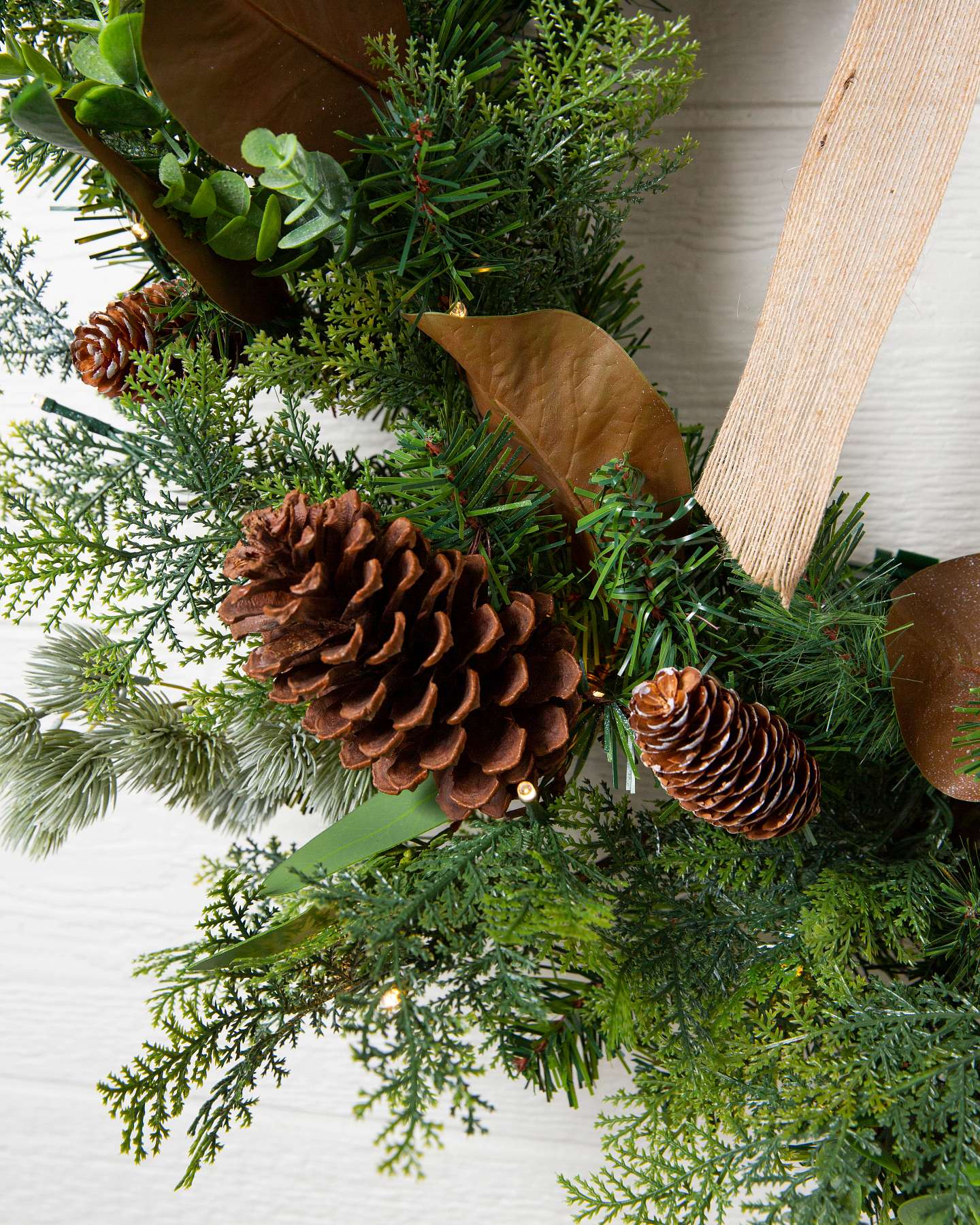 Balsam Hill Outdoor Cedar Lodge 28-Inch Artificial Christmas Wreath Close-Up View
