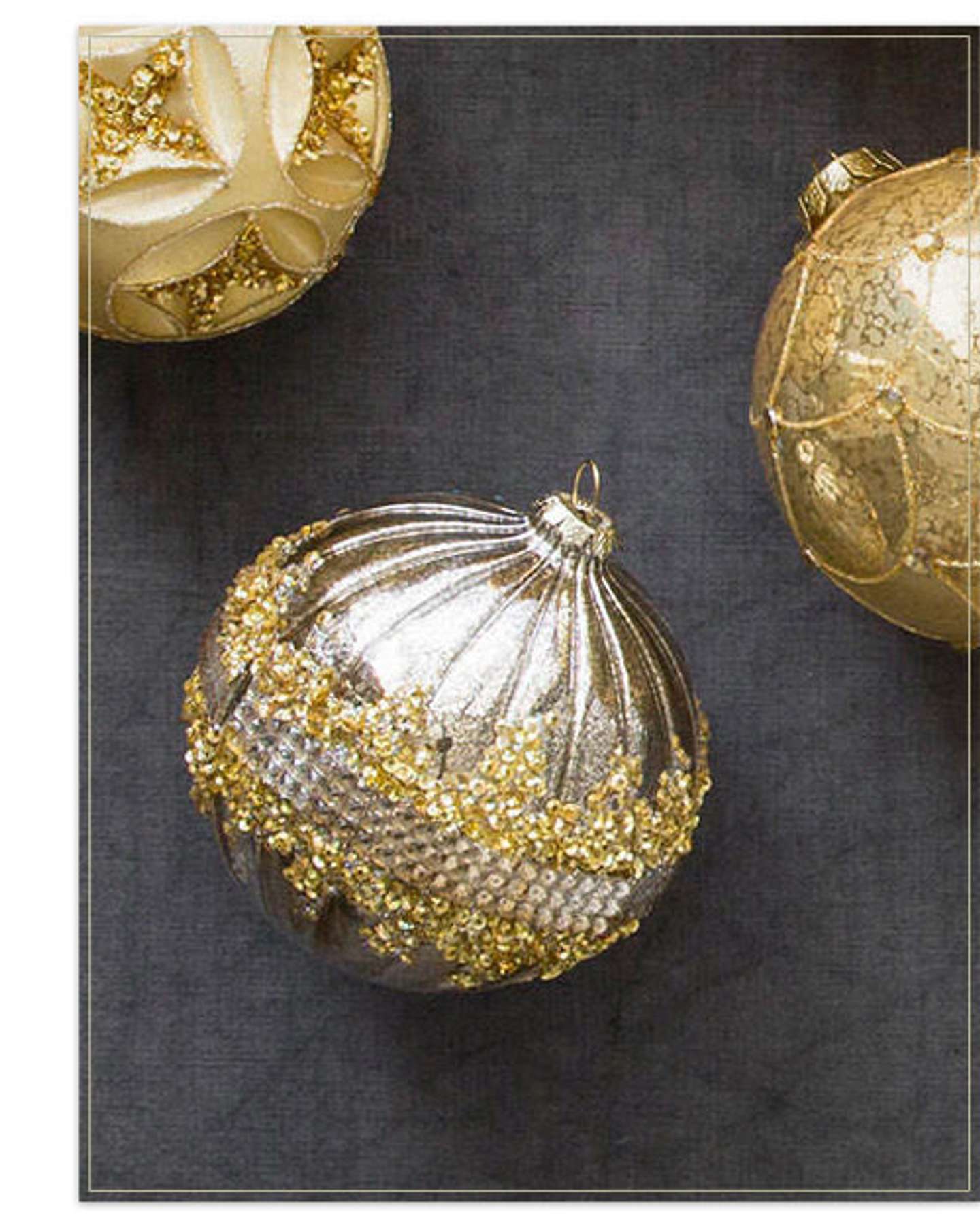 Balsam Hill Silver and Gold Glass Christmas Ornament Set Product Display