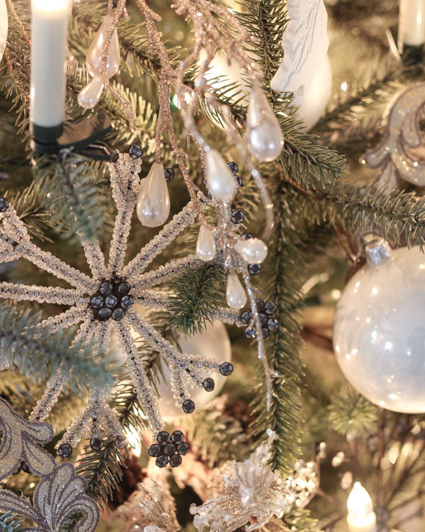 Balsam Hill Antiqued Snowflake Christmas Ornament Set of 12 Love Grows Wild Blog Feature with Lit LED Candles