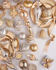 Assorted silver and gold Christmas ornaments