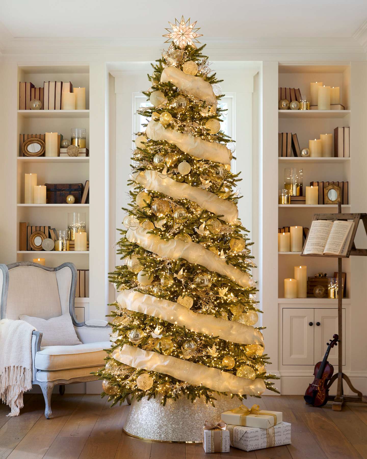 Balsam Hill Golden Glow Christmas Ornament Collection Lifestyle Diplay on an Artificial Christmas Tree