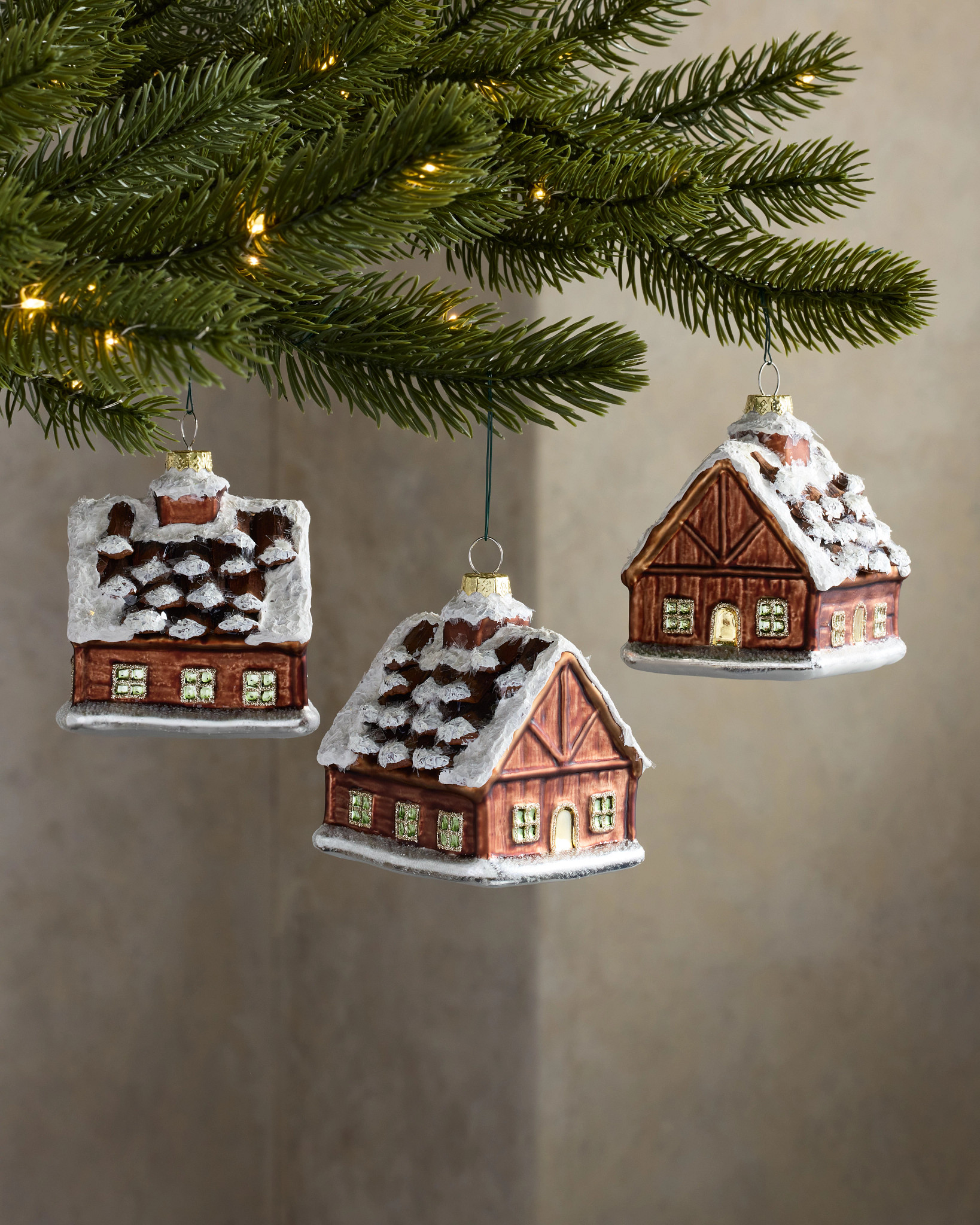 Winter Lodge Cabin Glass Ornament Set