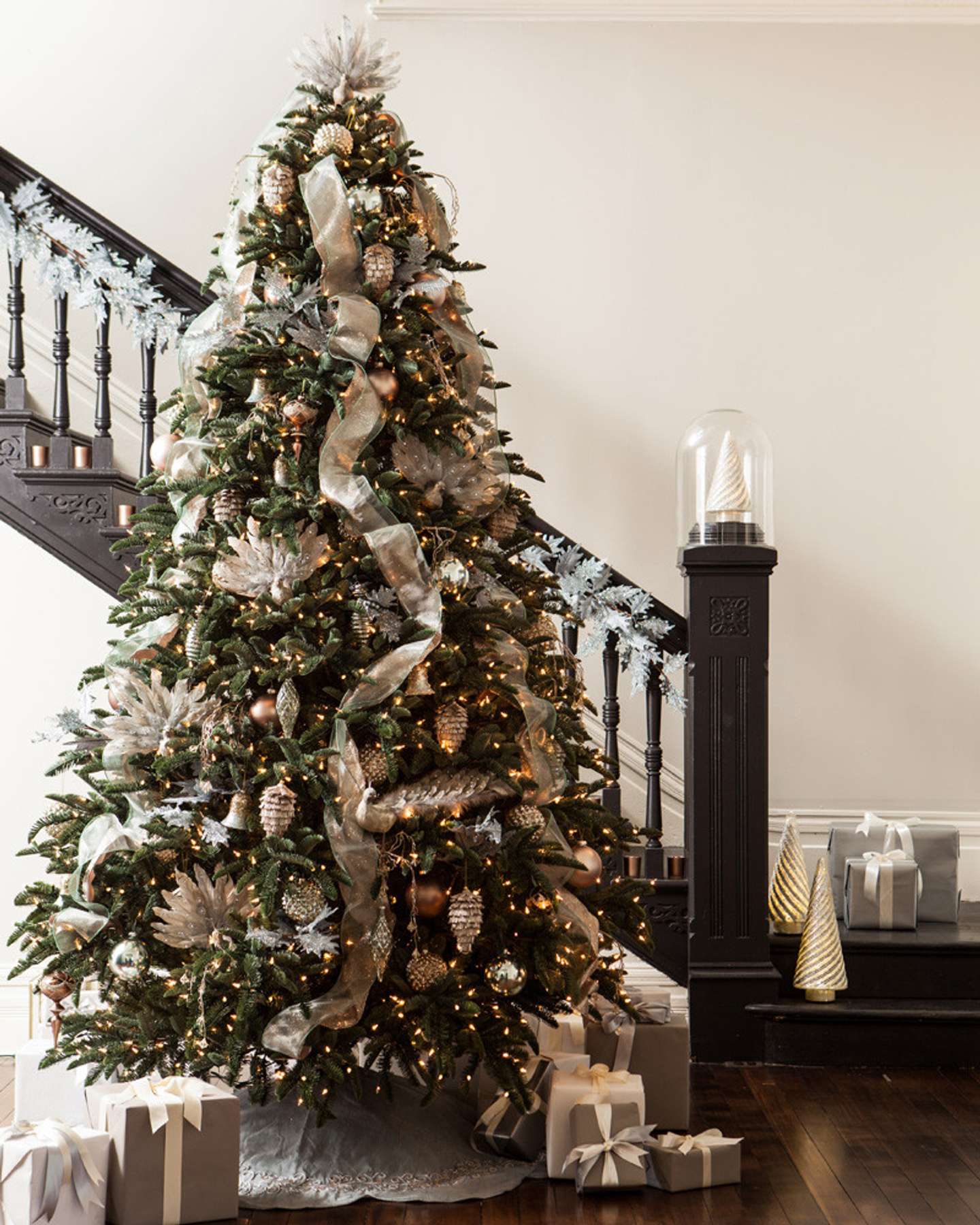 Balsam Hill Noble Fir Artificial Christmas Tree Lifestyle Display Near Stairs