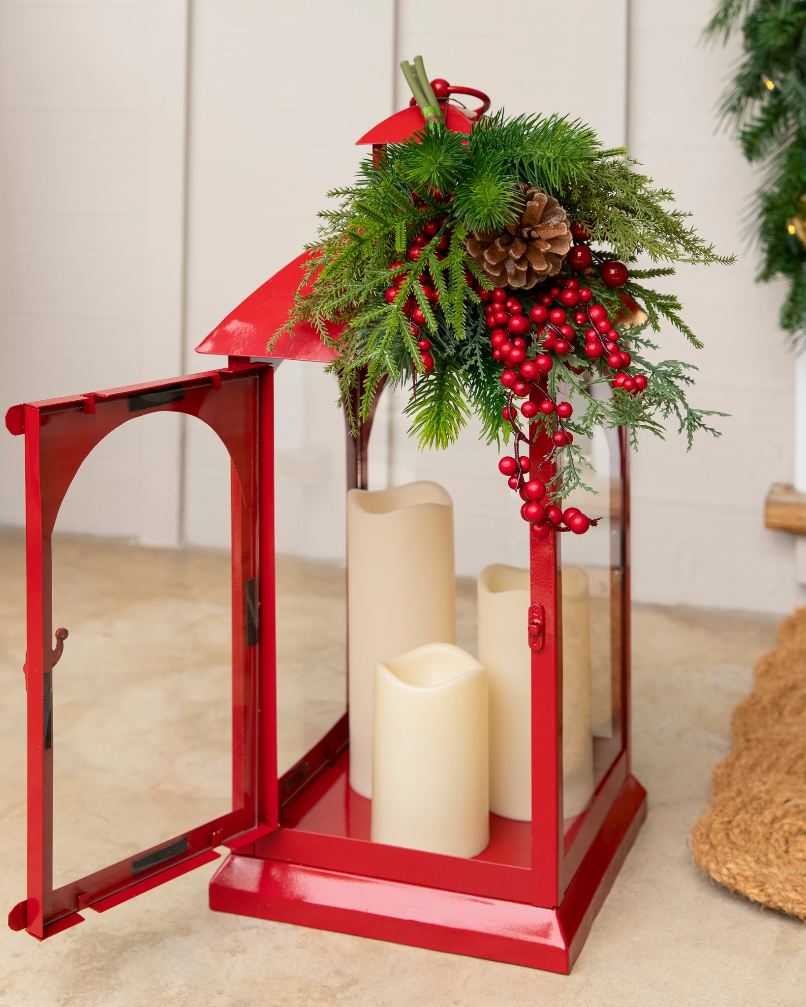 Red Berry Pinecone Lantern With Candles | Balsam Hill
