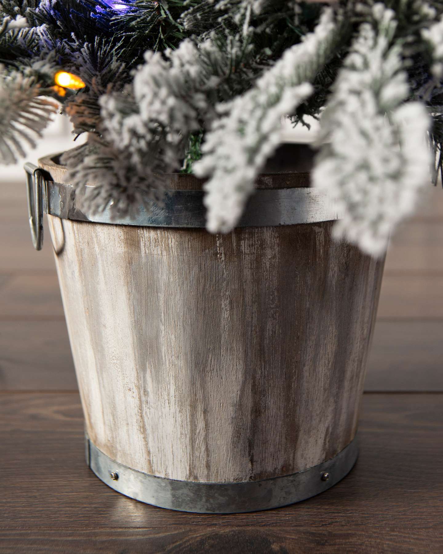 Balsam Hill 3-Foot Snow Flurry Potted Artificial Christmas Tree with LED Multicolor Lights Base Closeup