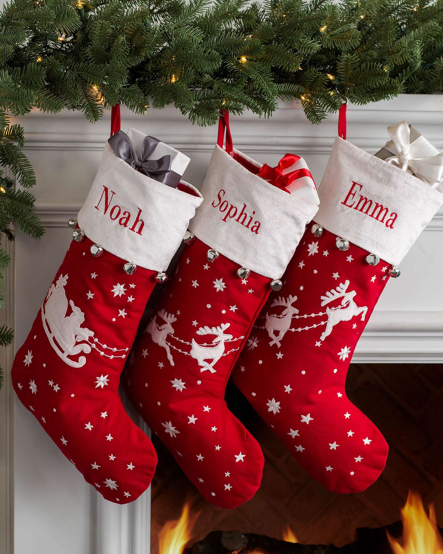 Balsam Hill Dashing Through The Snow Christmas Stocking Lifestyle Display with Personalization Closeup