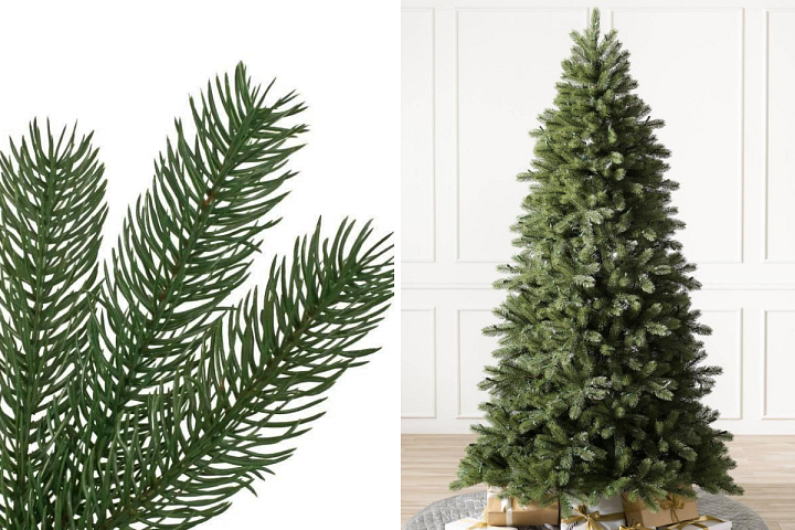 close-up and wide shots of Balsam Hill Woodland Spruce Christmas tree