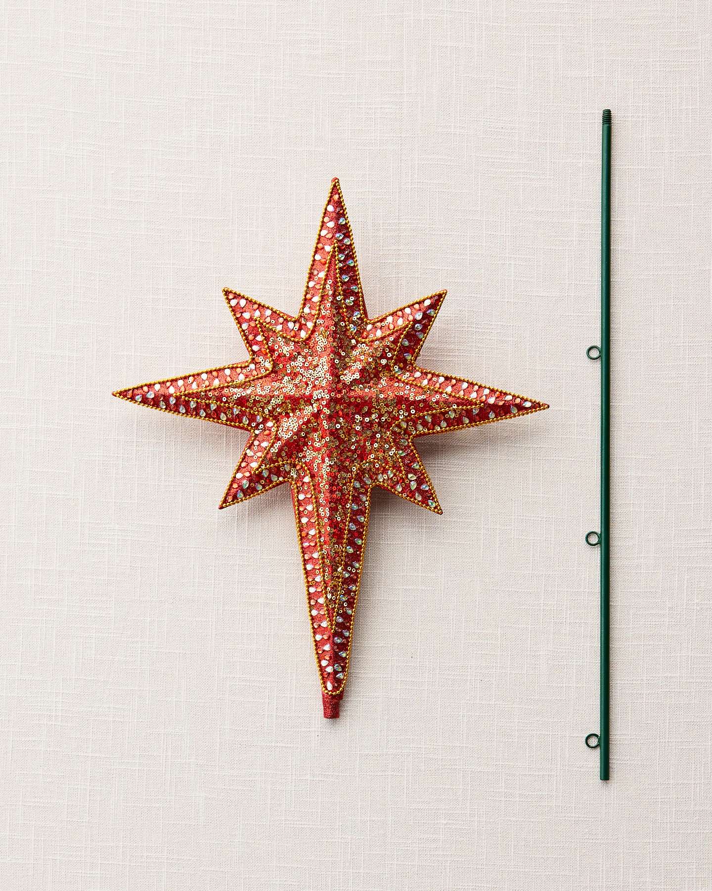 Balsam Hill 10-Inch Red Bethlehem Star Beaded Artificial Christmas Tree Topper Closeup View
