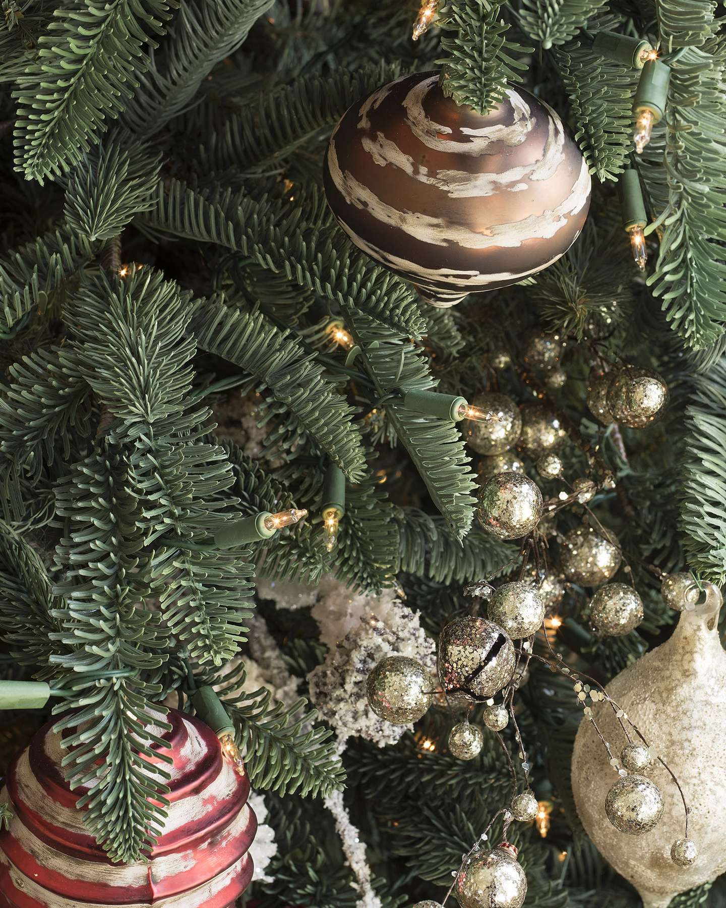 Balsam Hill Noble Fir Flip Artificial Christmas Tree Foliage and Ornaments Closeup