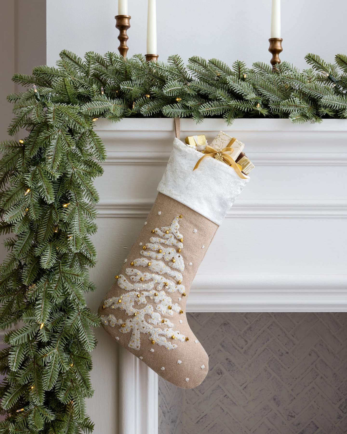 Tree Chambray Embroidered Christmas Stocking