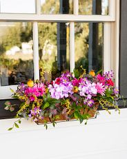 Purple summer flowers in window basket