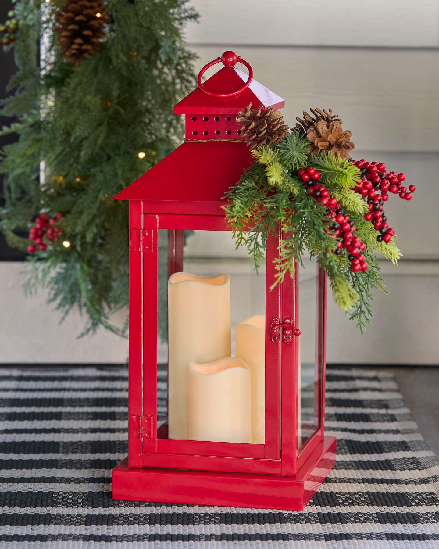 Balsam Hill Red Berry Pinecone Lantern Display