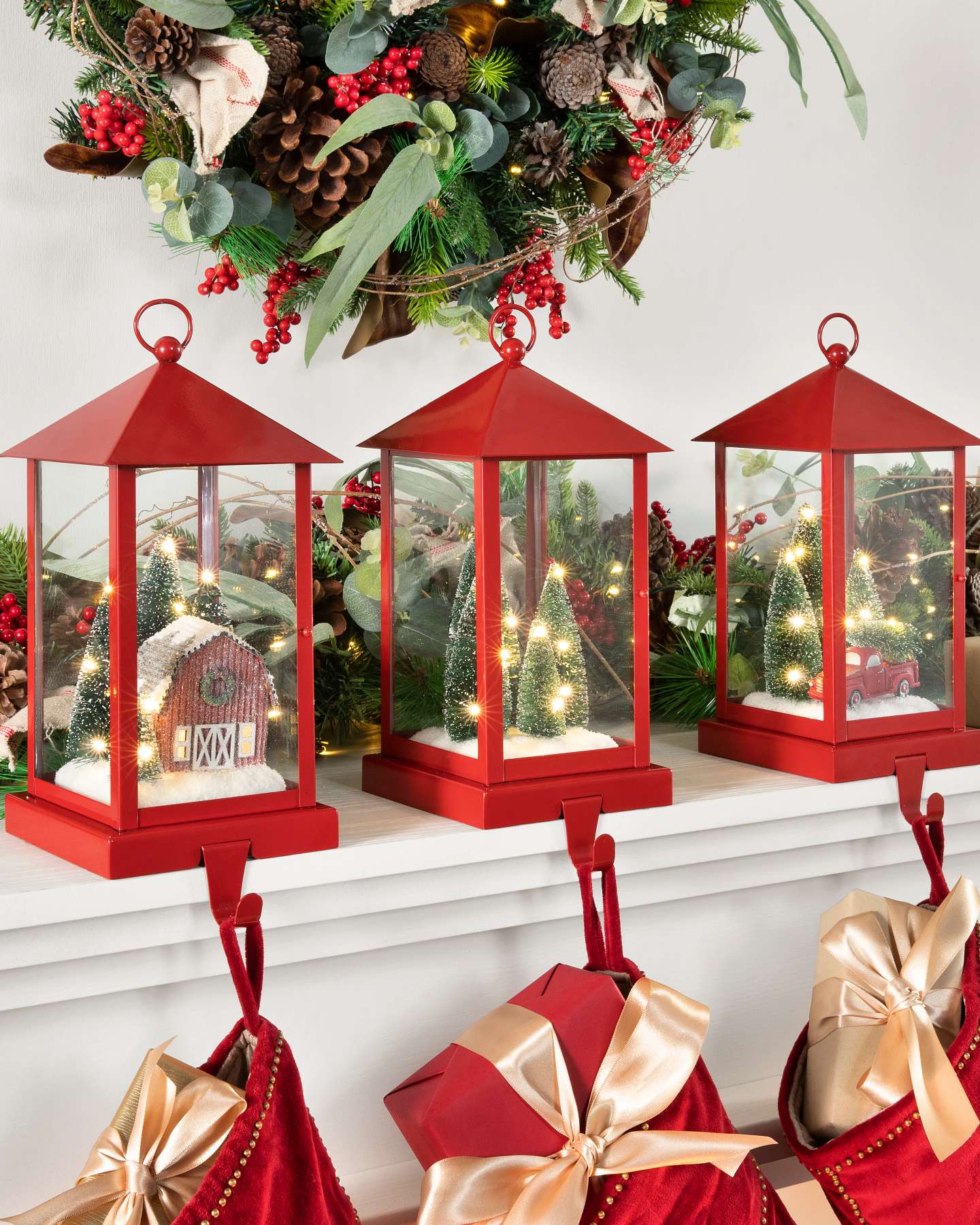 Balsam Hill Lantern Christmas Stocking Holder Lifestyle Display with Festive Decor