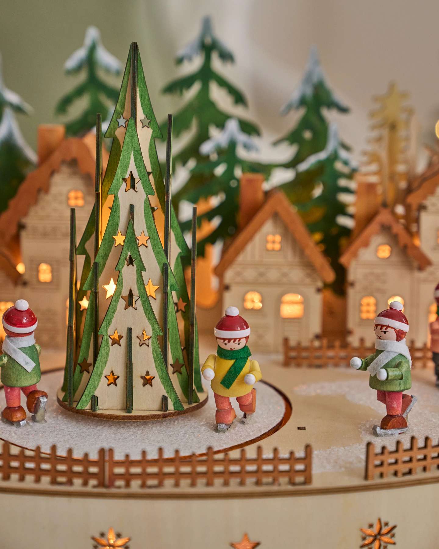 Lit Wooden Animated Christmas Skating Village