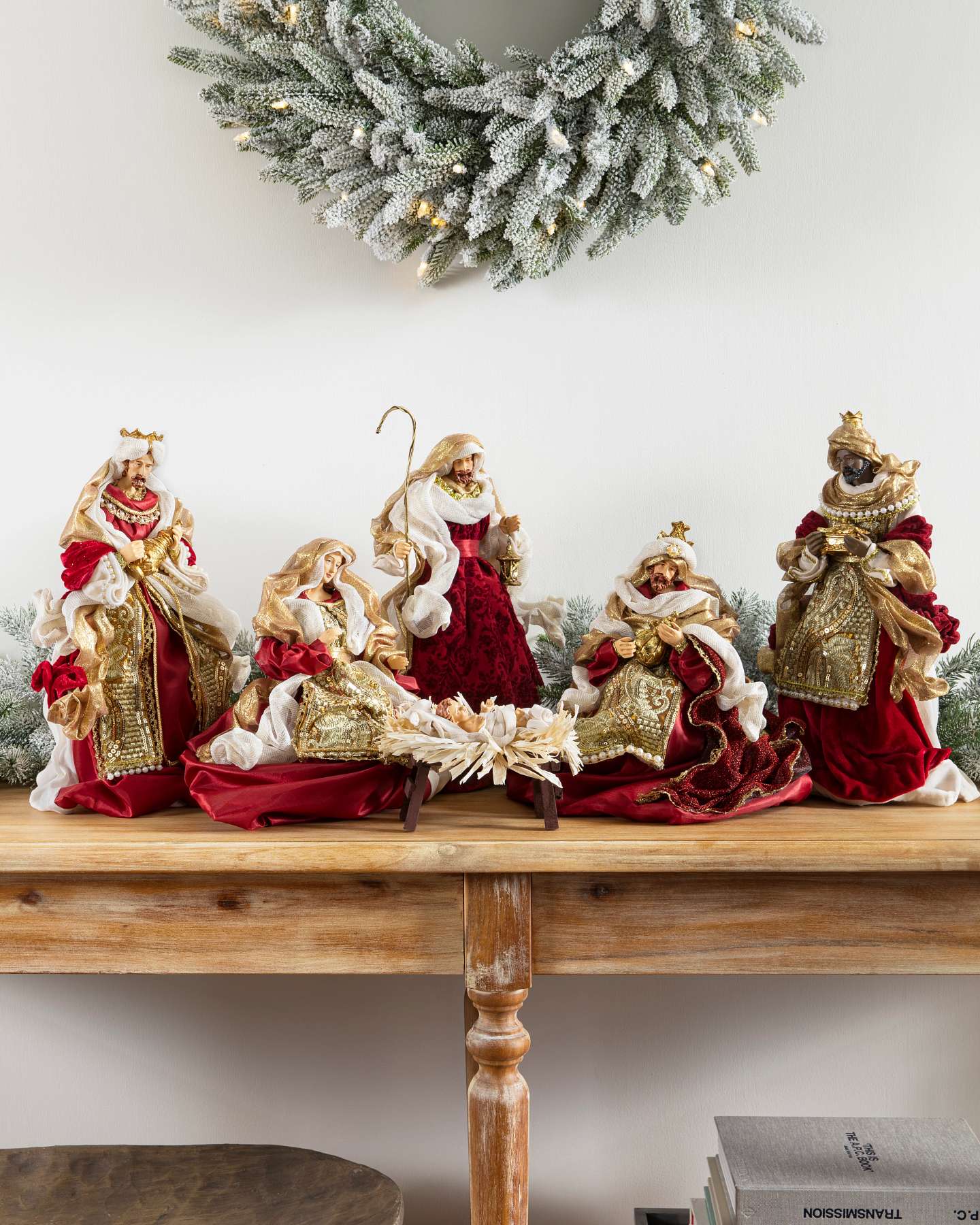 Balsam Hill Burgundy and Gold Nativity Scene Set of 6 Full Display