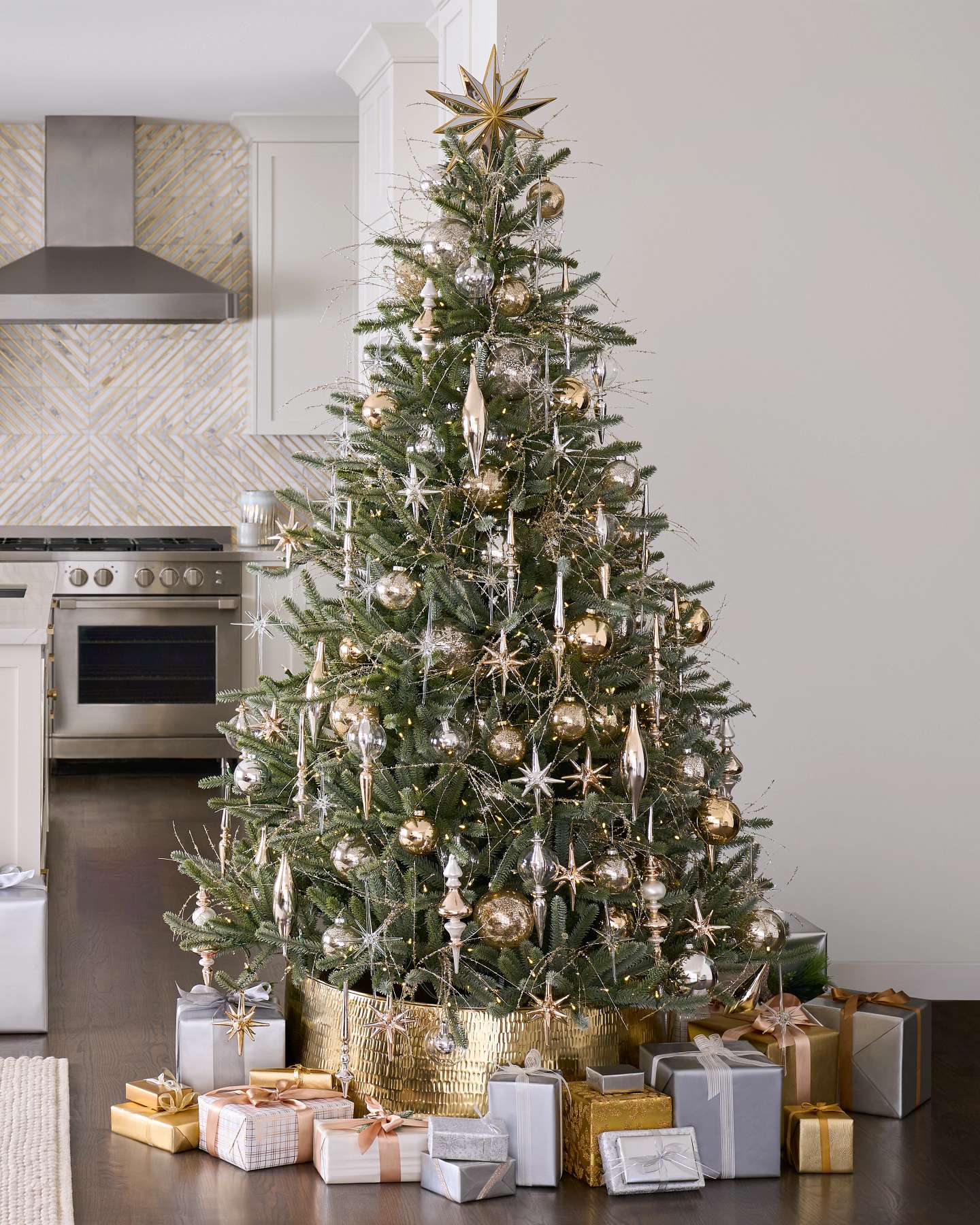 Balsam Hill Sanibel Spruce Artificial Christmas Tree Decorated in Living Room