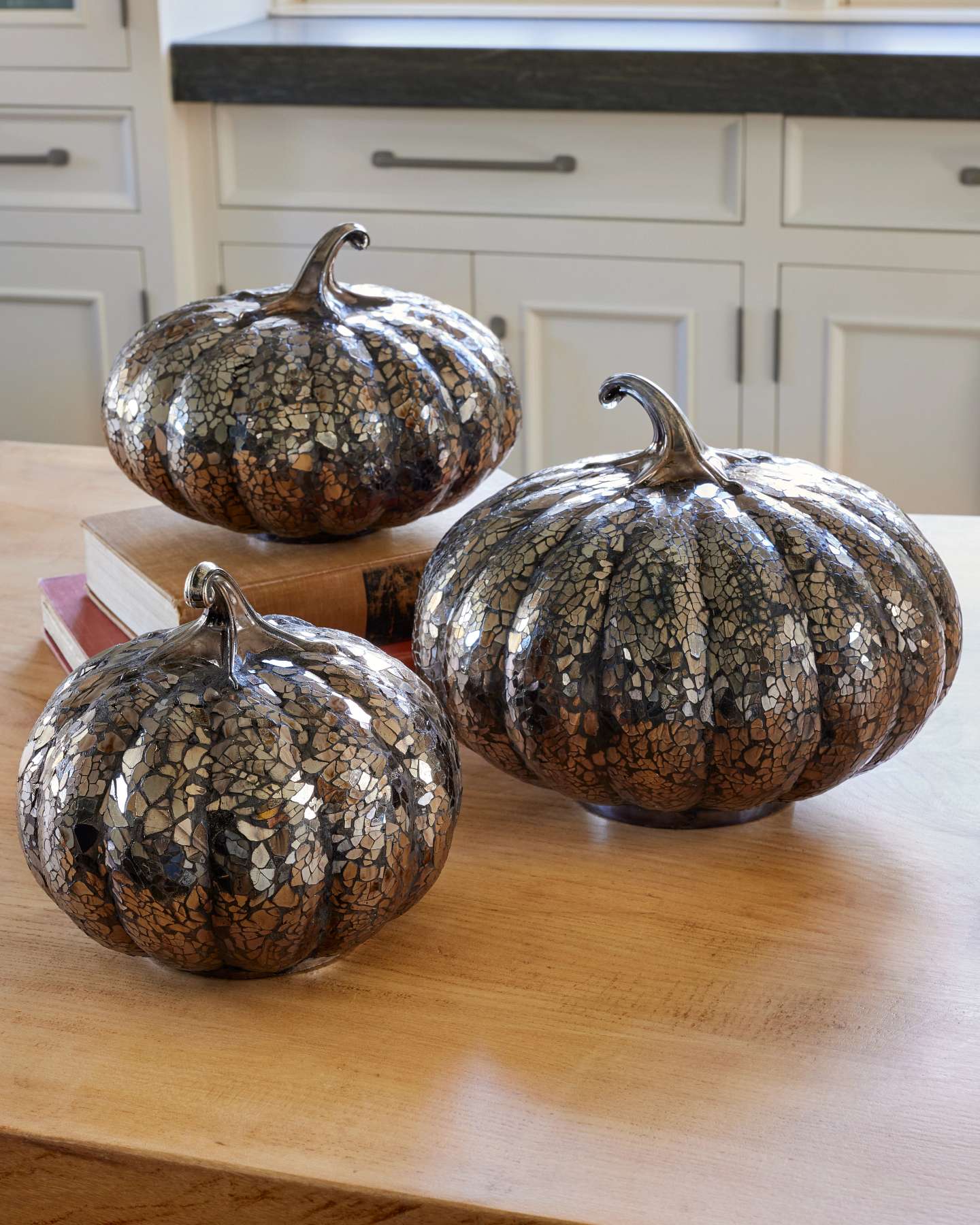 Balsam Hill Black Mirrored Mosaic Pumpkins Set of 3 Lifestyle Table Display