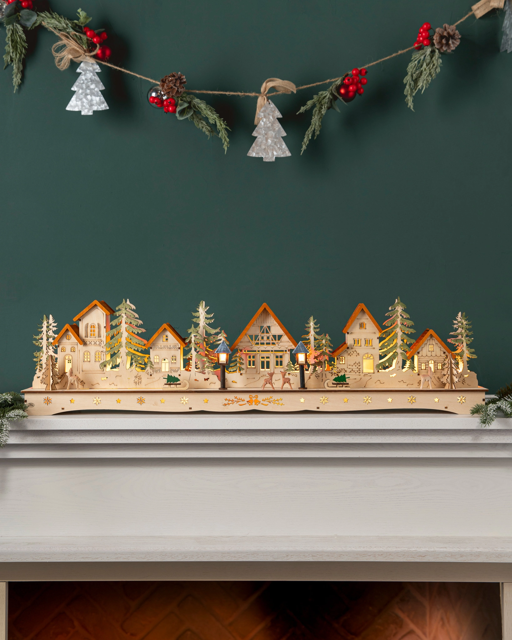 Lit Wooden Christmas Mantel Villages