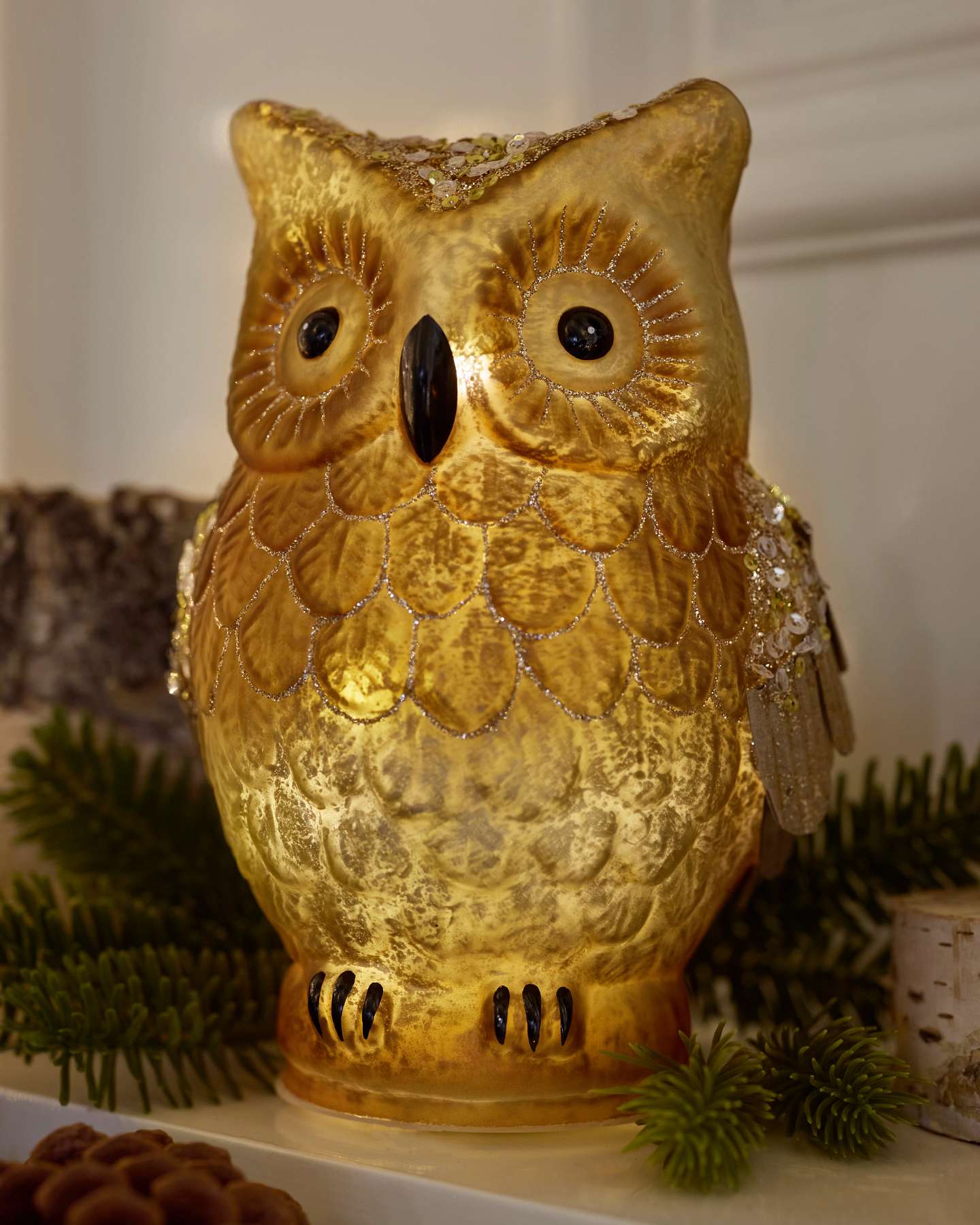 Balsam Hill 7-Inch Lit Woodland Glass Owl