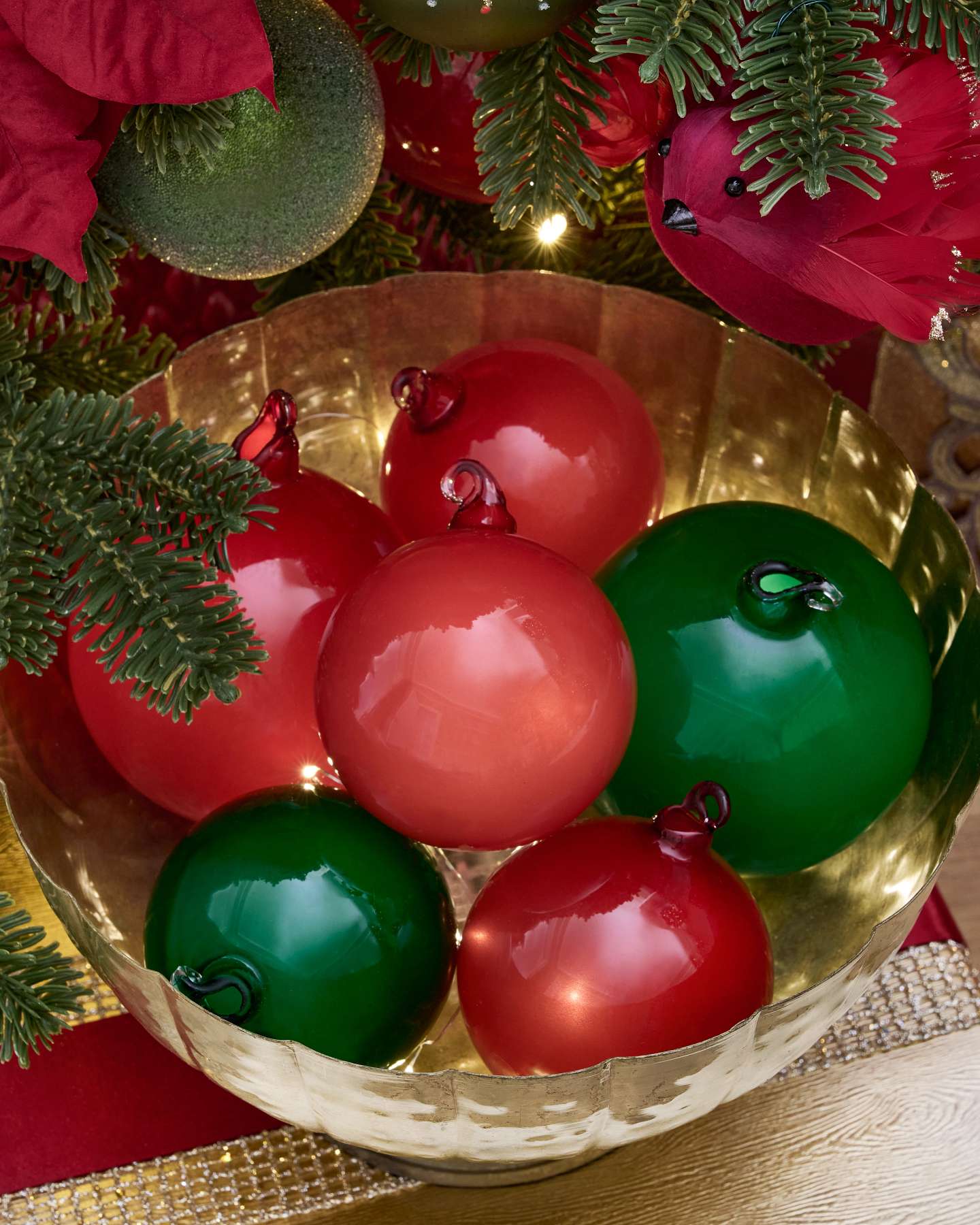 Balsam Hill Grand Heritage Christmas Ornament Set Closeup in a Gold Bowl