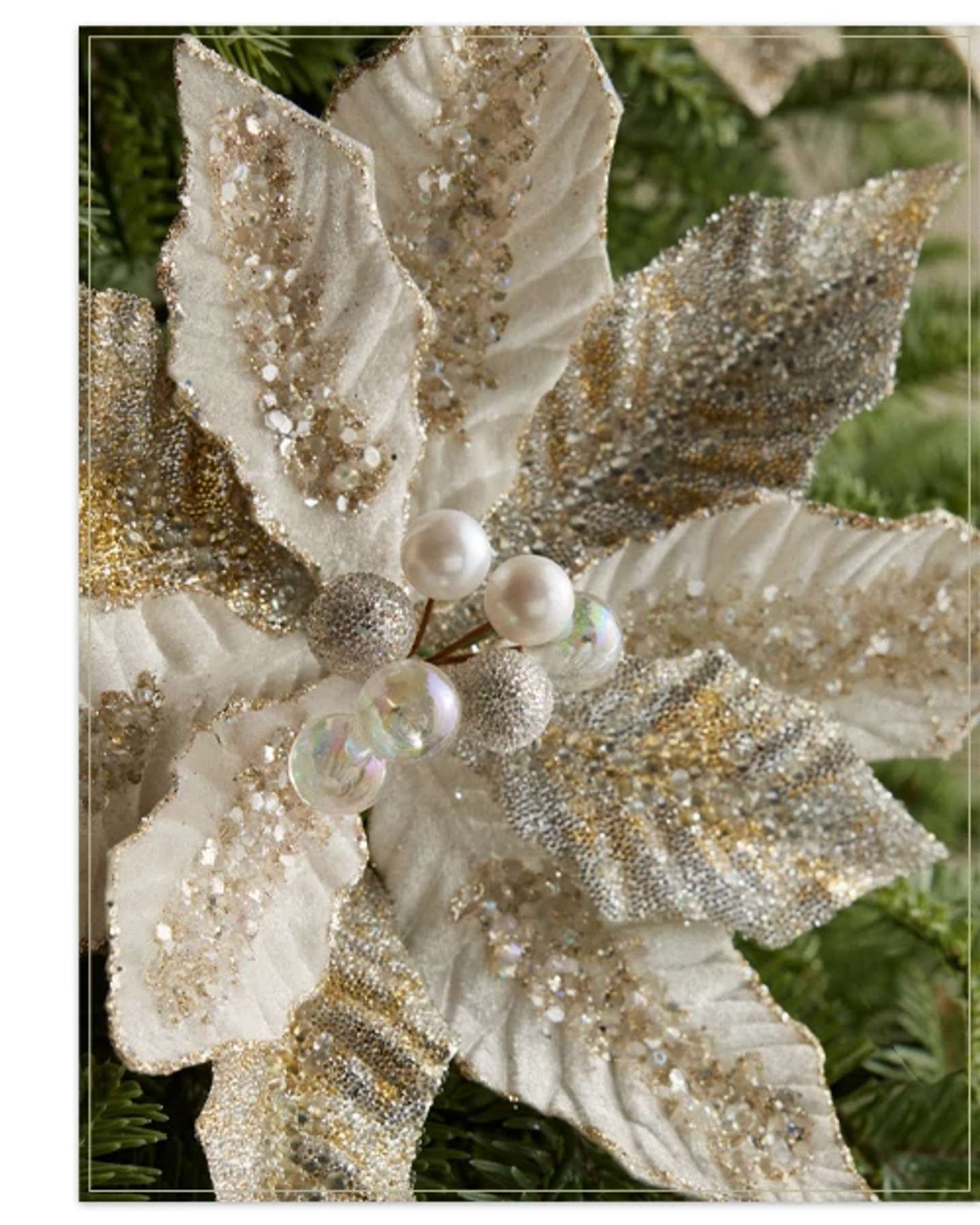 Ivory Glittered Beaded Velvet Poinsettia Pick Set