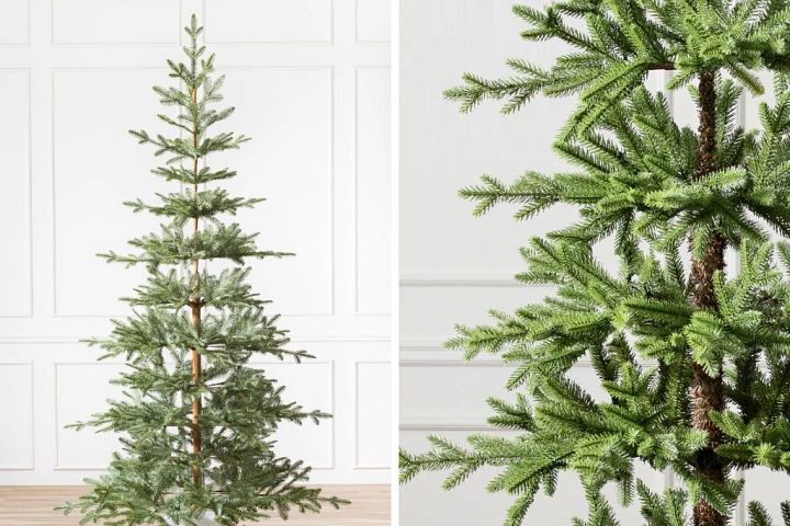 Collage of sparse artificial Christmas tree showing the full tree and close-up of branches