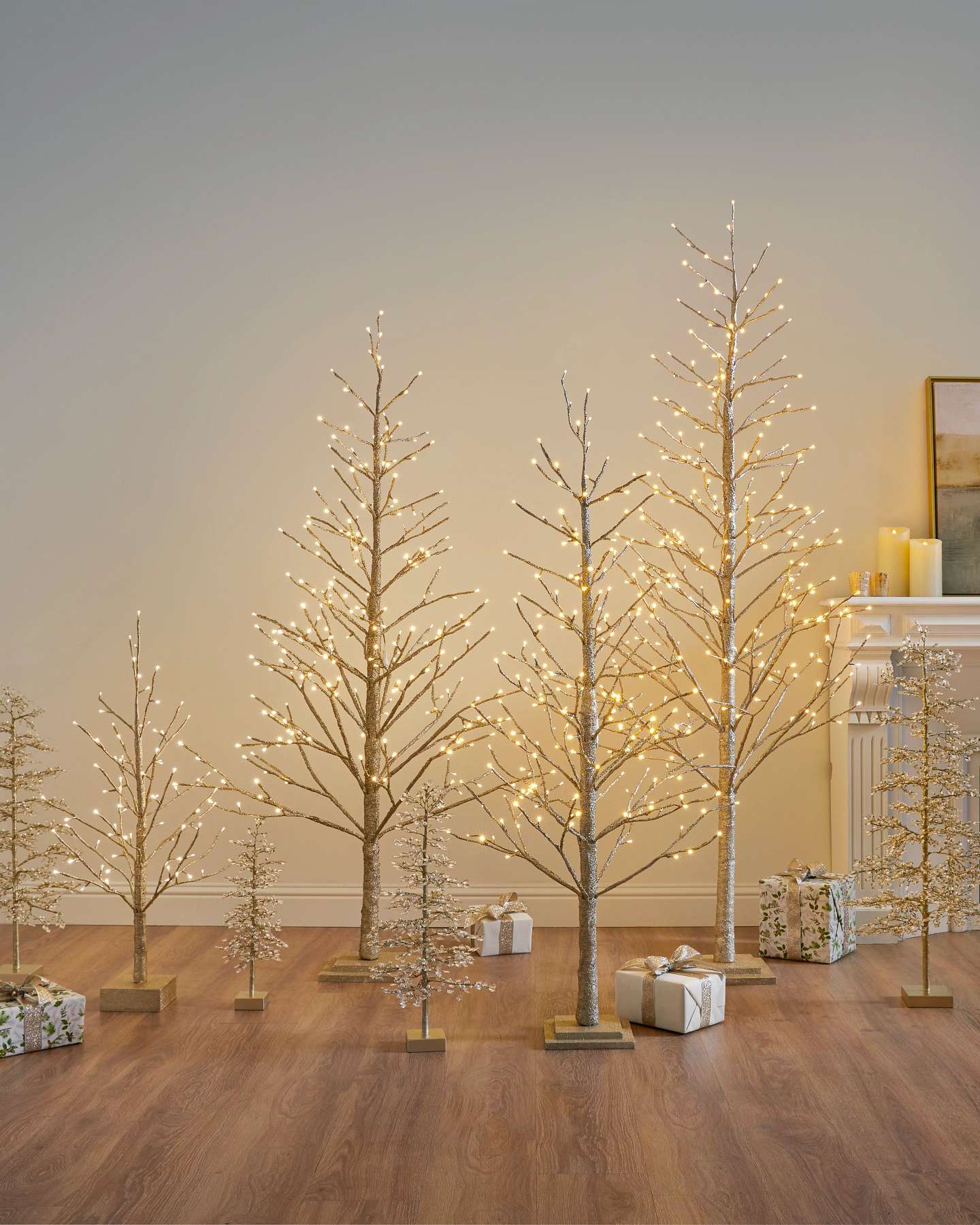 Balsam Hill Champagne Glitter LED Artificial Christmas Tree Lifestyle Display with Different Sizes