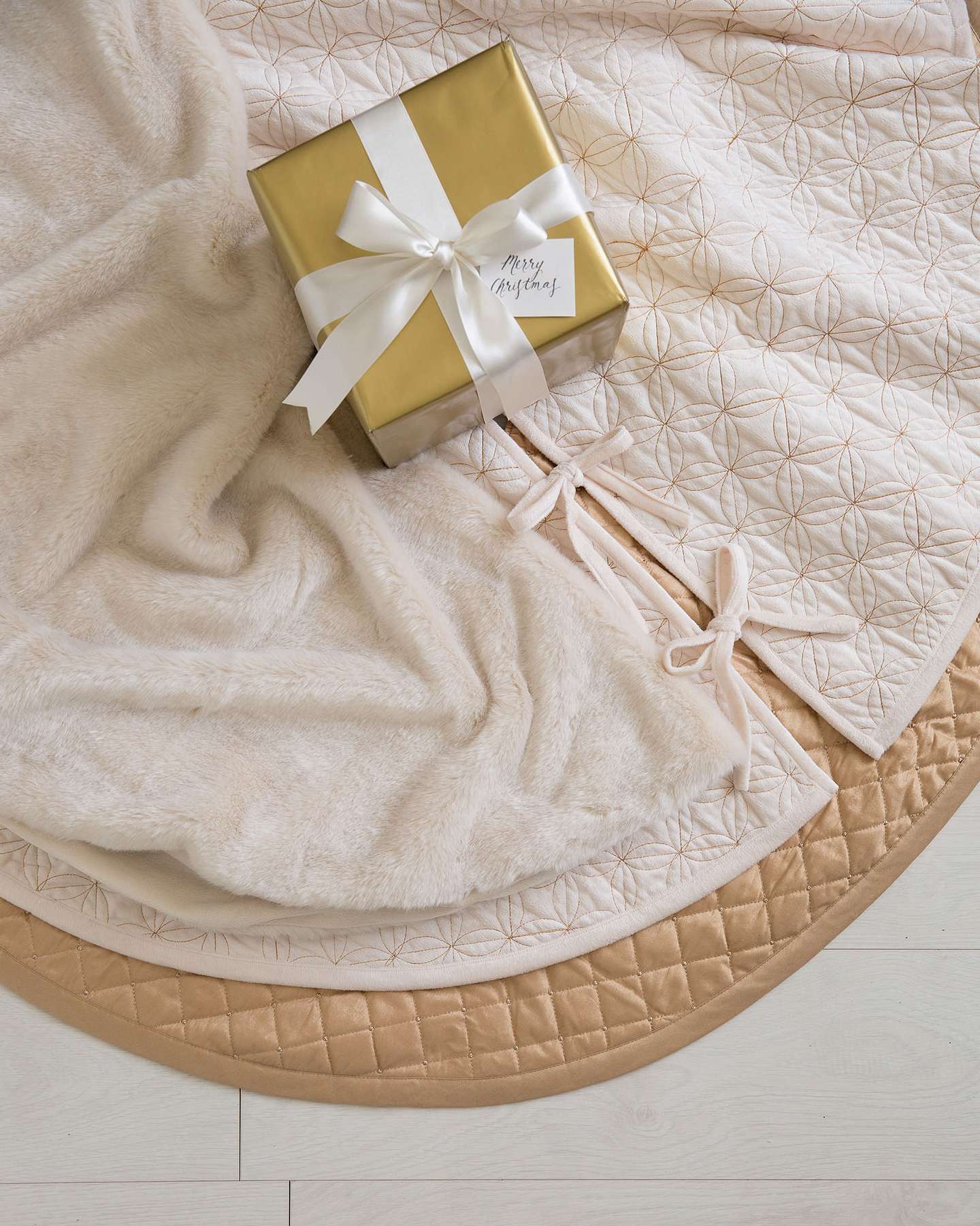 Balsam Hill Lancaster Quilted Velvet Artificial Christmas Tree Skirt Display with White and Gold Accent