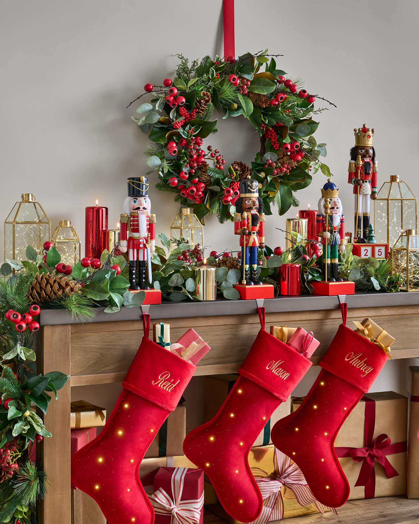 Balsam Hill Brass Fairy Light Lanterns Lifestyle Display with Stockings, Nutcracker, and Foliage