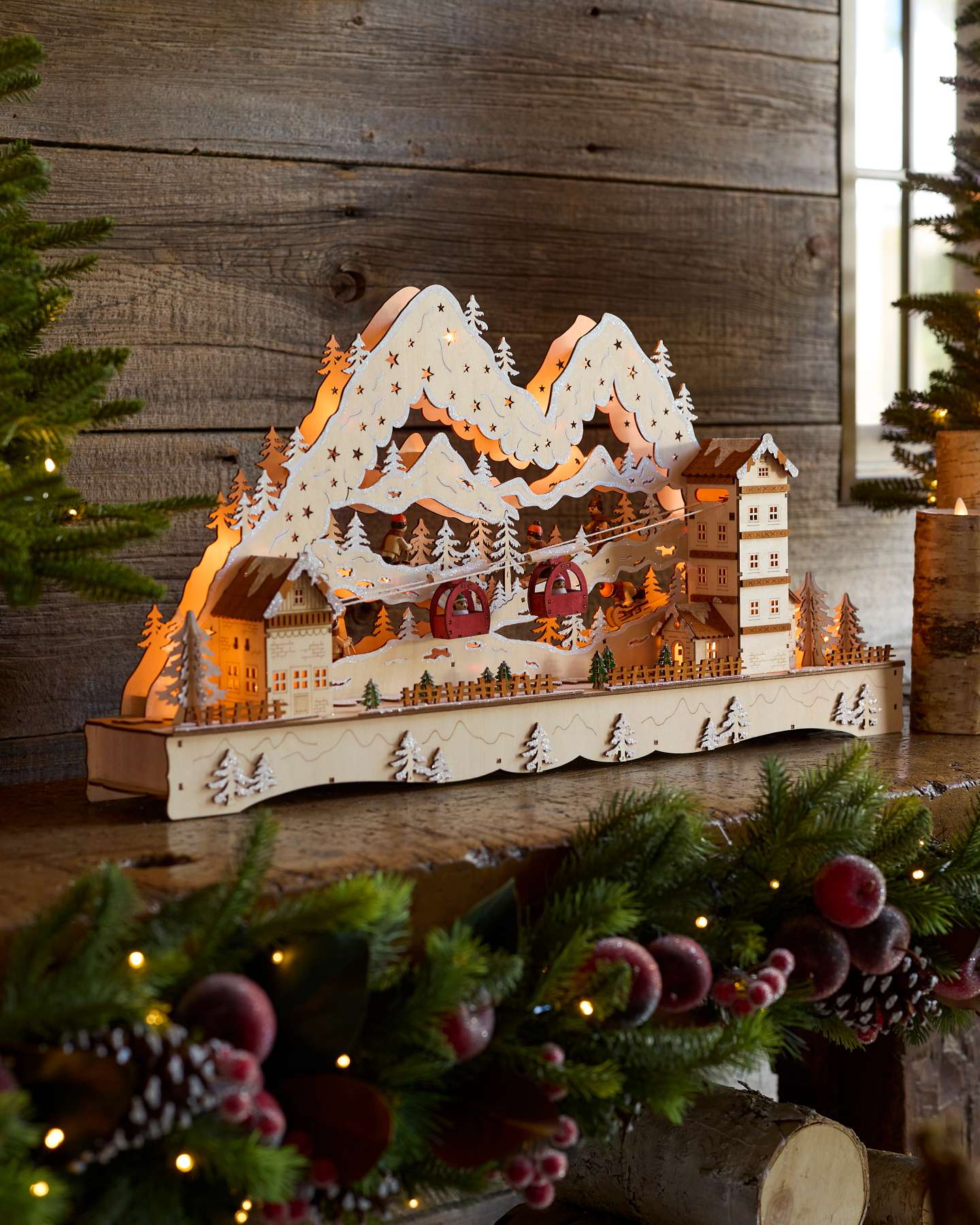 Balsam Hill Lit Wooden Animated Ski Resort Product Display