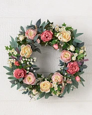 Artificial flower wreath with cottage roses and eucalyptus leaves